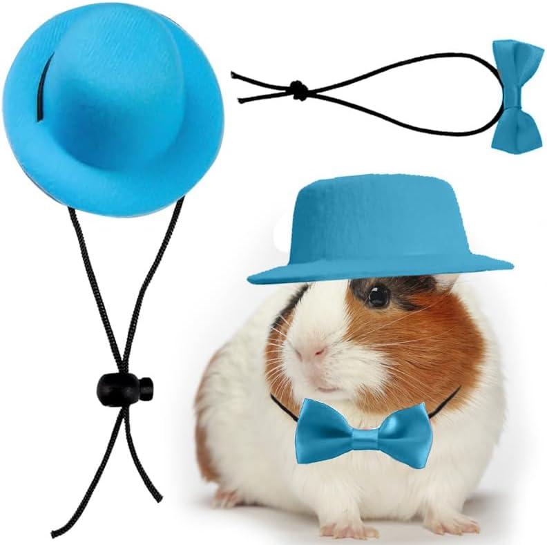 hokable 2pcs Guinea Pig Clothes Small Animal Bow Tie Pet Hat Costume Set Role Play Cute Pet Hat Bow Tie for Hamster Guinea Pig Rabbit Chinchilla Hedgehog（Blue hat + Blue Bow tie） - Image 1